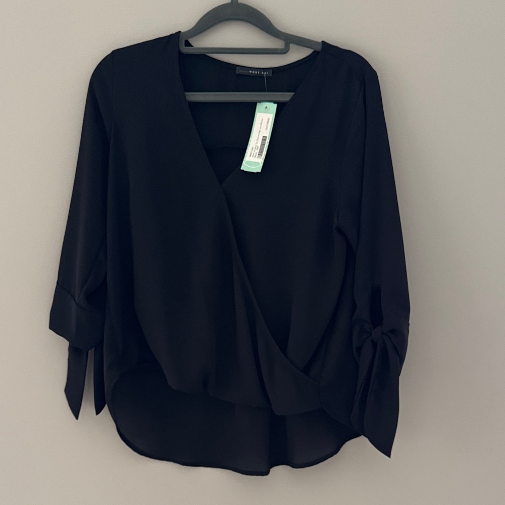 West Kei Black Wrap Blouse with Tie Sleeves